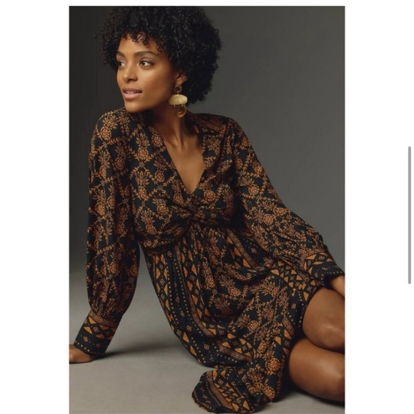 NWT Farm Rio Long-Sleeve V-Neck Printed Tie-Front Midi Dress SIZE XXS - Picture 6 of 8